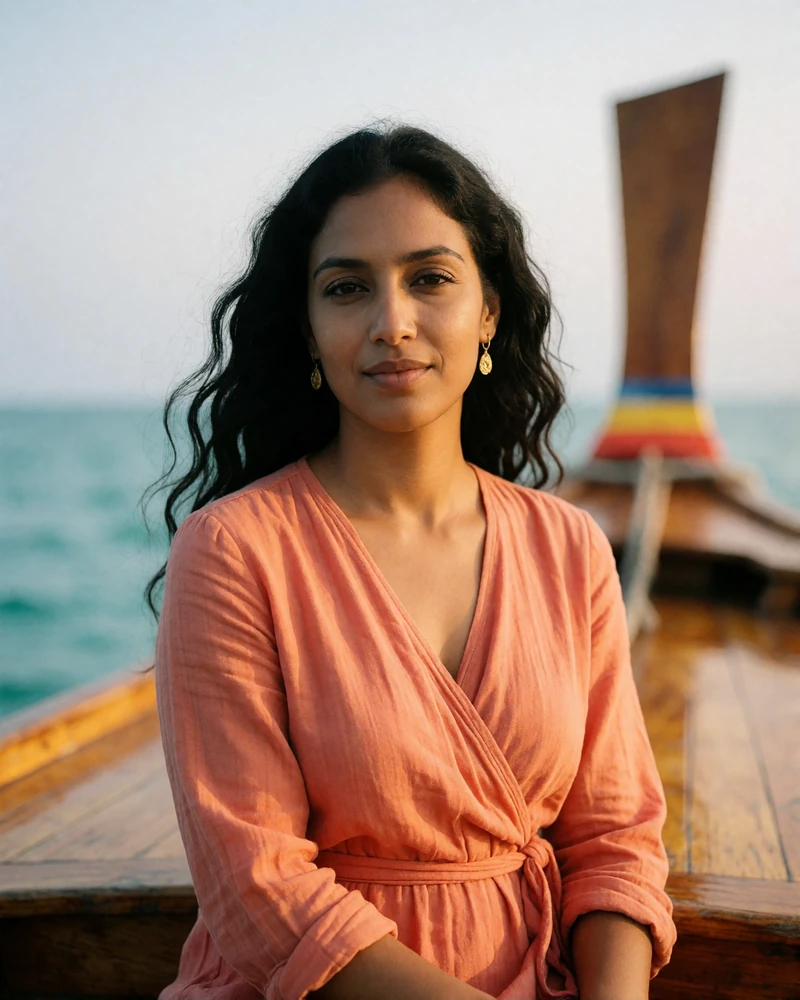 Maldivian woman in a coral wrap dress seated on the varnished deck of a traditional wooden boat