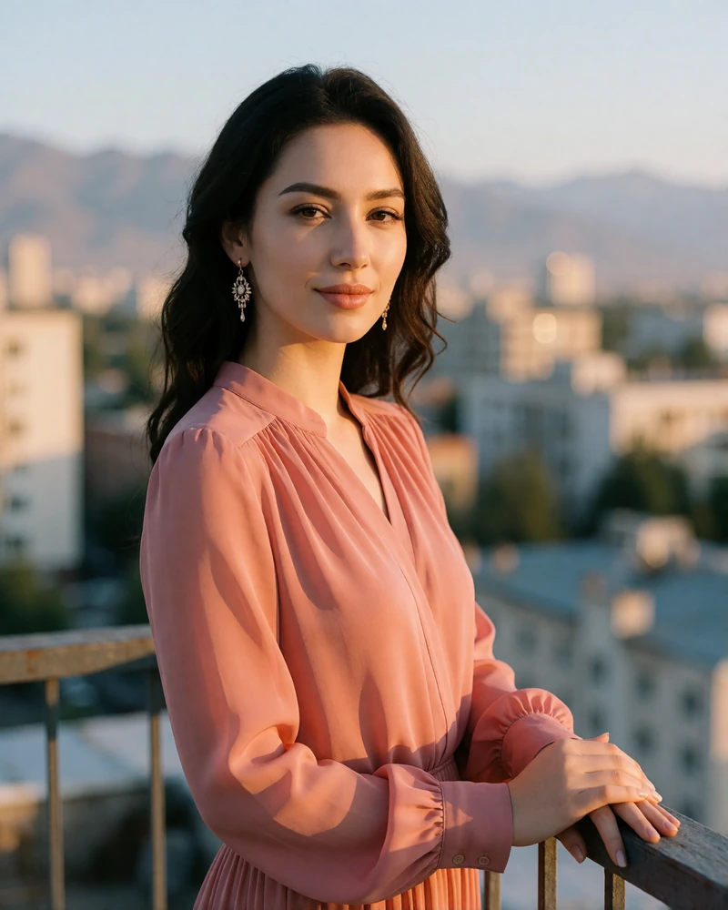 Kazakh woman in a dusty-rose blouse on a rooftop terrace at golden hour