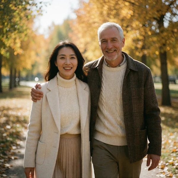 Mongolian woman and Western man walking arm in arm along a park path in autumn