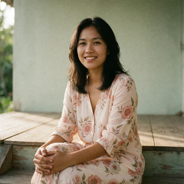 Filipina woman in a floral blouse sitting on a wooden porch step smiling warmly
