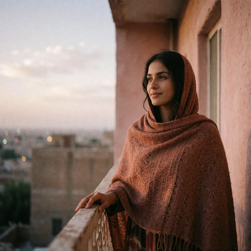 Yemeni woman in a rust-toned shawl standing on a narrow balcony at dusk with a quiet contented smile