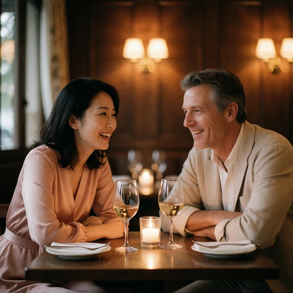 Japanese woman and a Western man sharing a quiet laugh across a small restaurant table