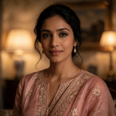 Portrait of an elegant South Asian woman with a rose-toned dupatta smiling serenely