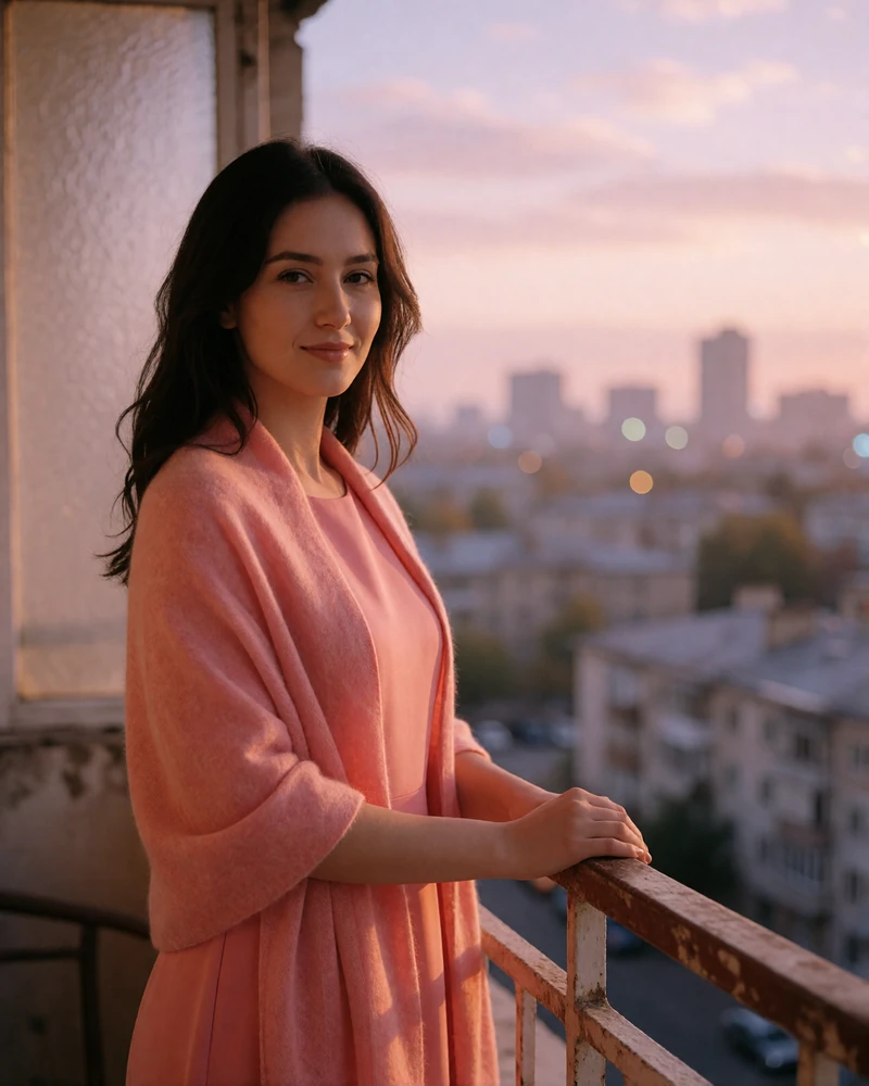 Tajik woman in a soft pink shawl on an apartment balcony at dusk with a glowing city skyline behind her