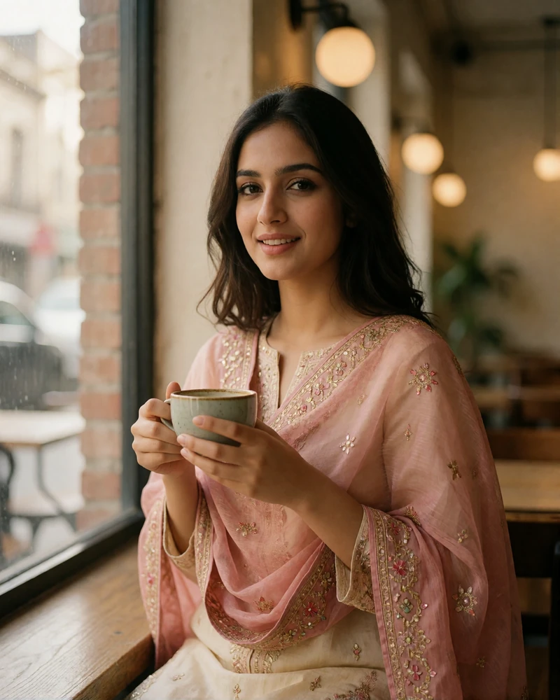 Pakistani woman in a blush pink dupatta holding a ceramic cup beside a bright cafe window
