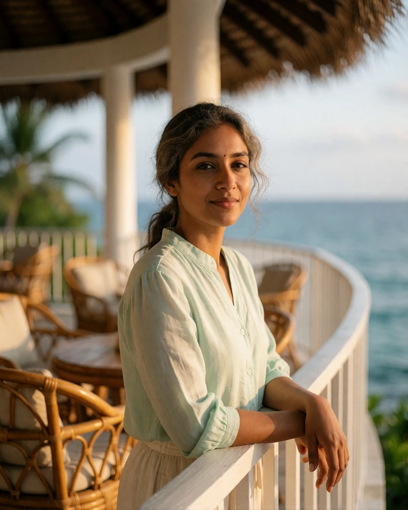 Maldivian woman in a pale mint blouse leaning on the rail of an open resort terrace at sunrise