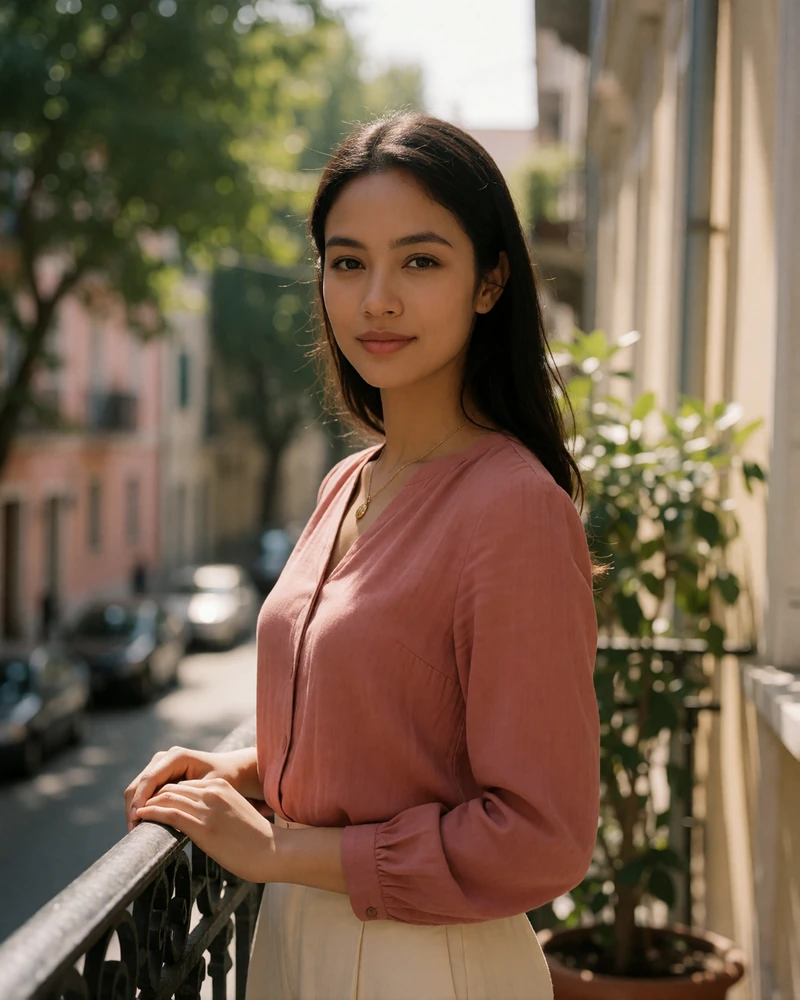 Burmese woman in a rose-toned blouse standing on a shaded city balcony with pastel buildings in the background