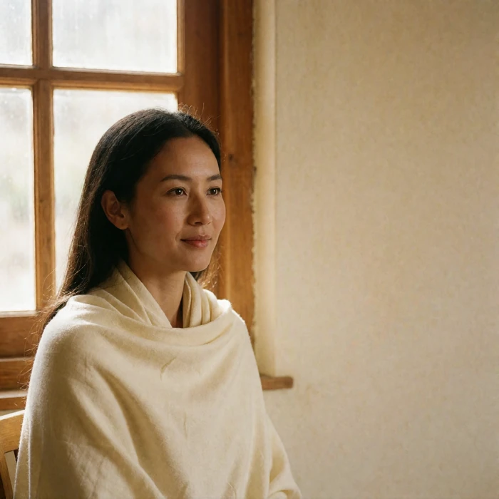Bhutanese woman in a cream shawl sitting by a timber-framed window with a calm gentle smile