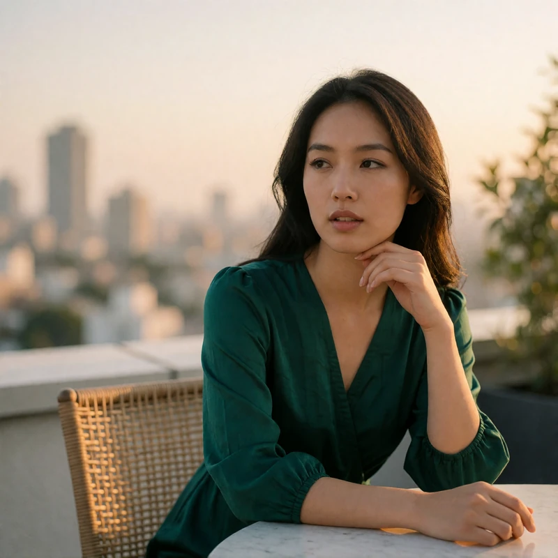 Asian woman resting her chin on her hand and smiling thoughtfully while considering a question on a rooftop terrace at golden hour