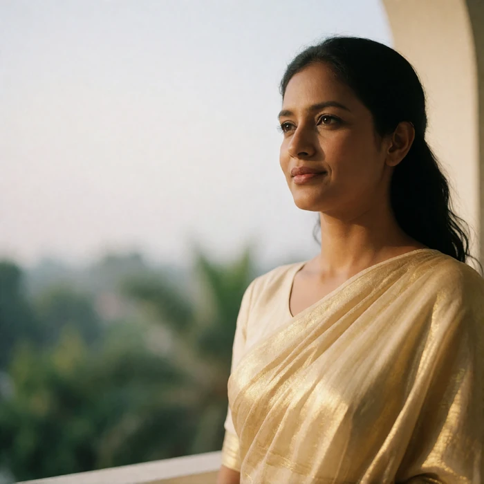 Bangladeshi woman in a pale gold drape standing on a sunlit balcony with a thoughtful smile
