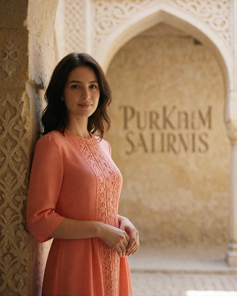 Turkmen woman in a coral dress standing beside a stone arch in a shaded courtyard