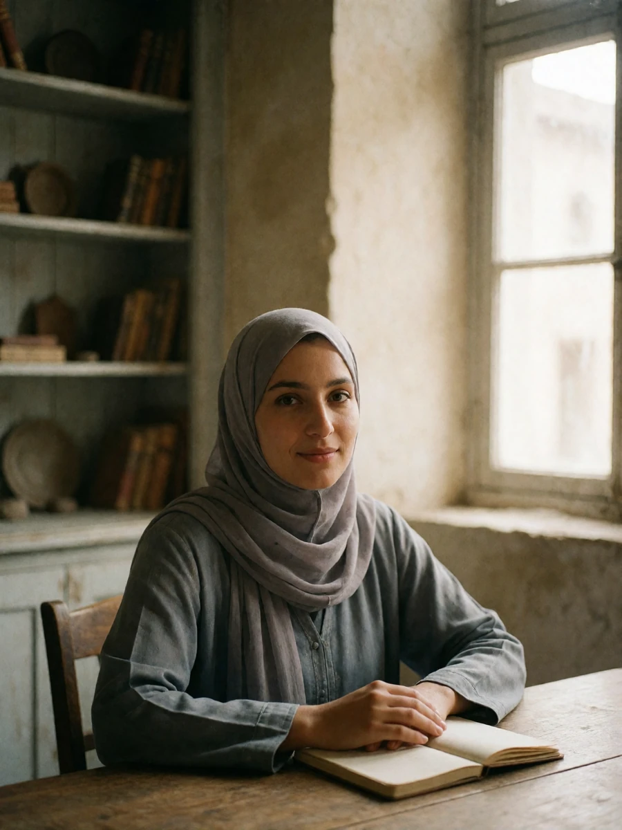 Yemeni woman in a grey-blue abaya seated at a wooden reading table with a thoughtful gentle smile