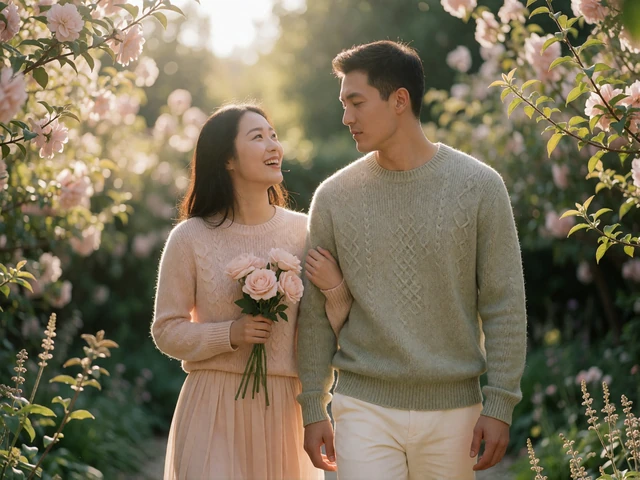 Asian woman laughing with her partner while walking through a sunlit garden path