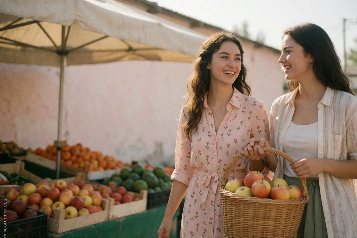 Two Kyrgyz women walking through an open-air produce market carrying a basket of apples