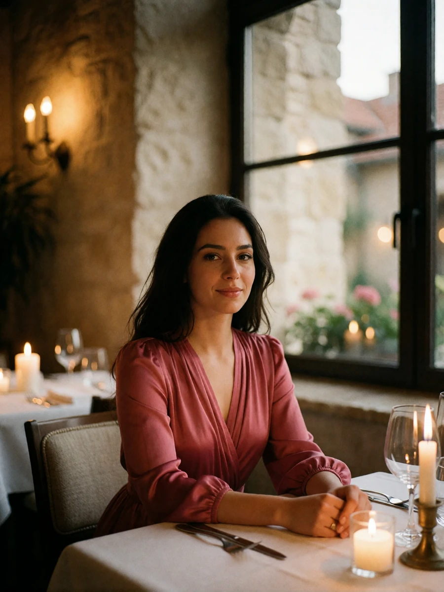 Jordanian woman in a deep rose dress smiling calmly at a candlelit restaurant table