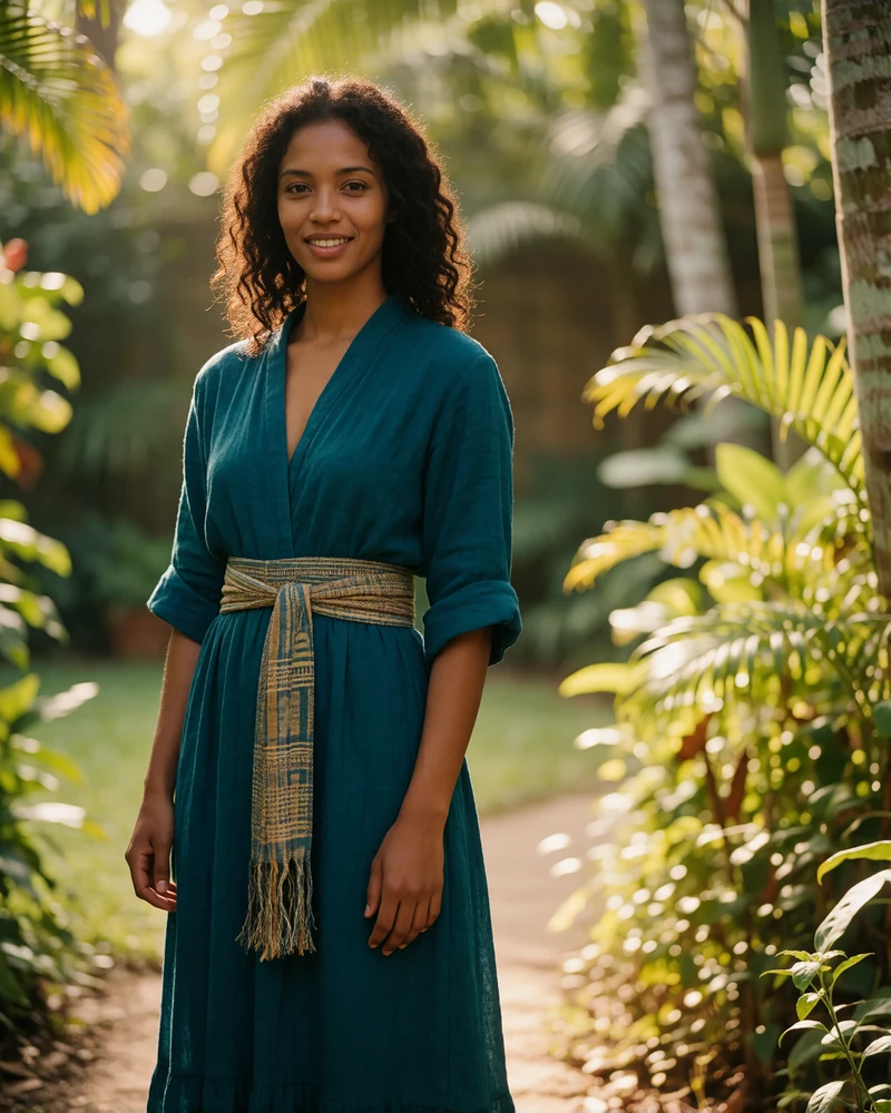 Timorese woman in a deep teal dress with a woven tais sash standing on a garden path