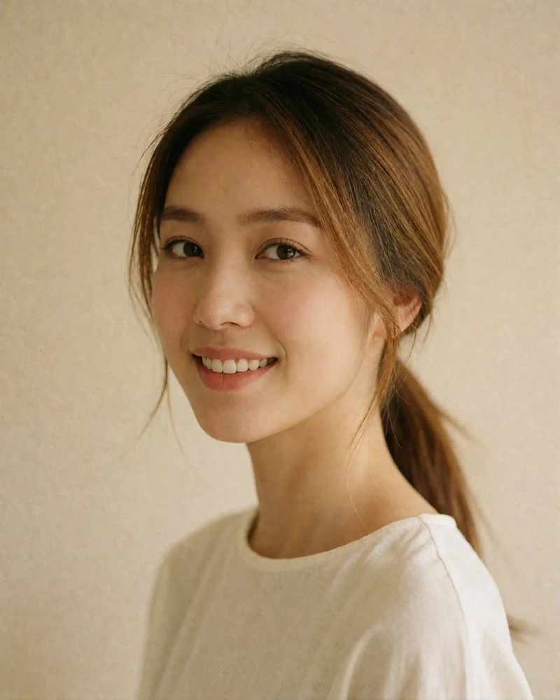 Taiwanese woman with a low ponytail in a simple white top smiling against a beige wall