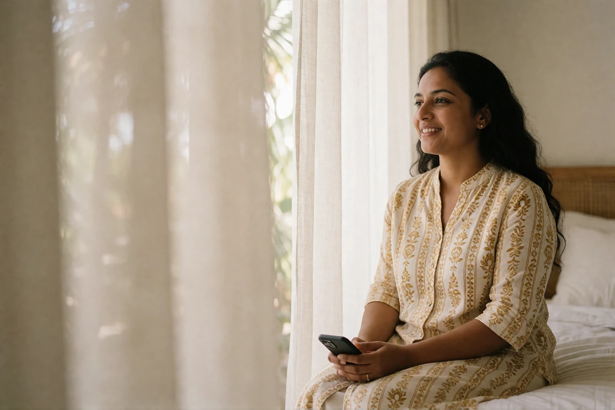 Maldivian woman sitting in a bright bedroom with white linen curtains, smiling while holding her phone in soft morning light