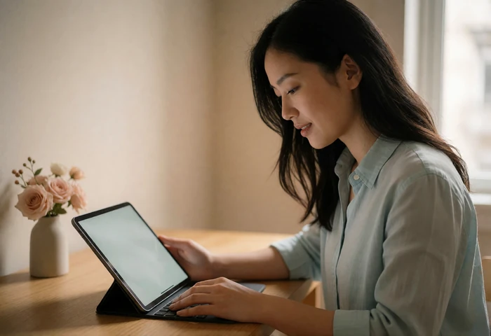 Asian woman at a wooden desk composing an unhurried, thoughtful message on a tablet