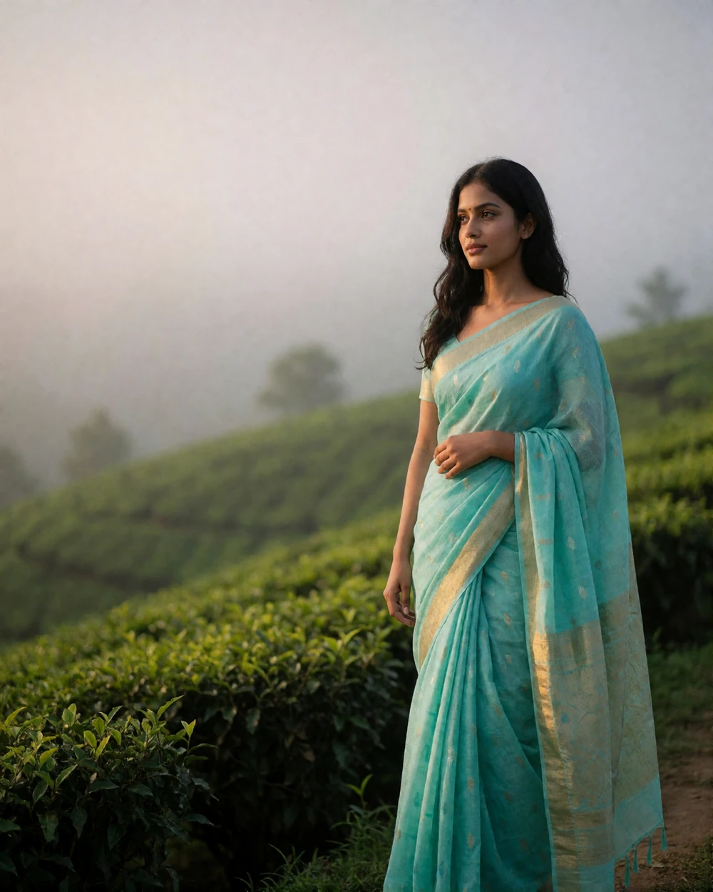 Sri Lankan woman in a light turquoise cotton sari standing on a hillside path above rolling tea-country hills