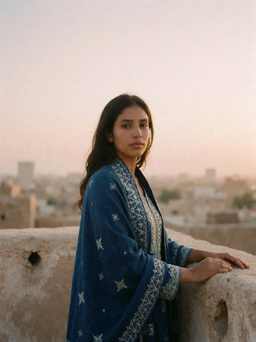 Yemeni woman in an embroidered indigo shawl standing on a stone rooftop at early evening