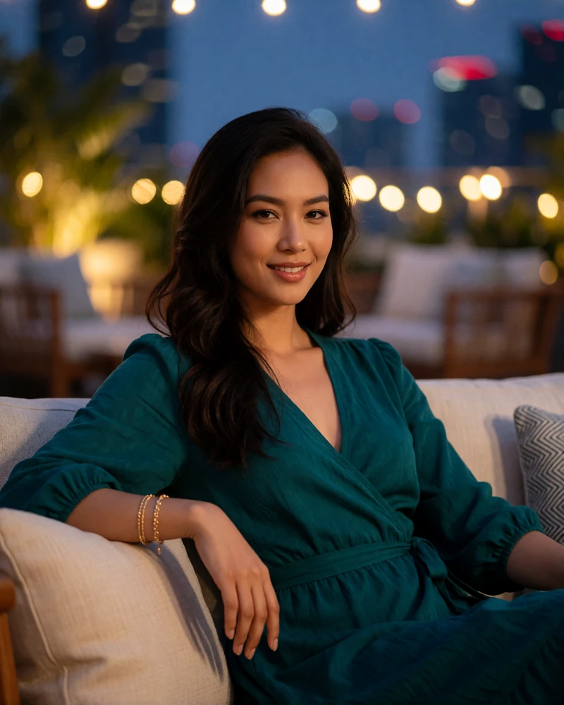 Singaporean woman in a deep teal wrap dress seated on a rooftop lounge sofa at blue hour