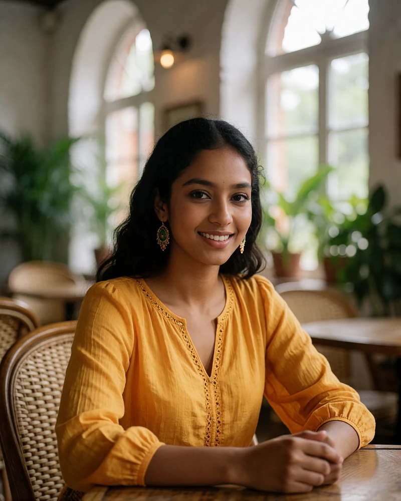 Sri Lankan woman in a saffron blouse seated at a rattan table in a colonial-style cafe with a bright open smile