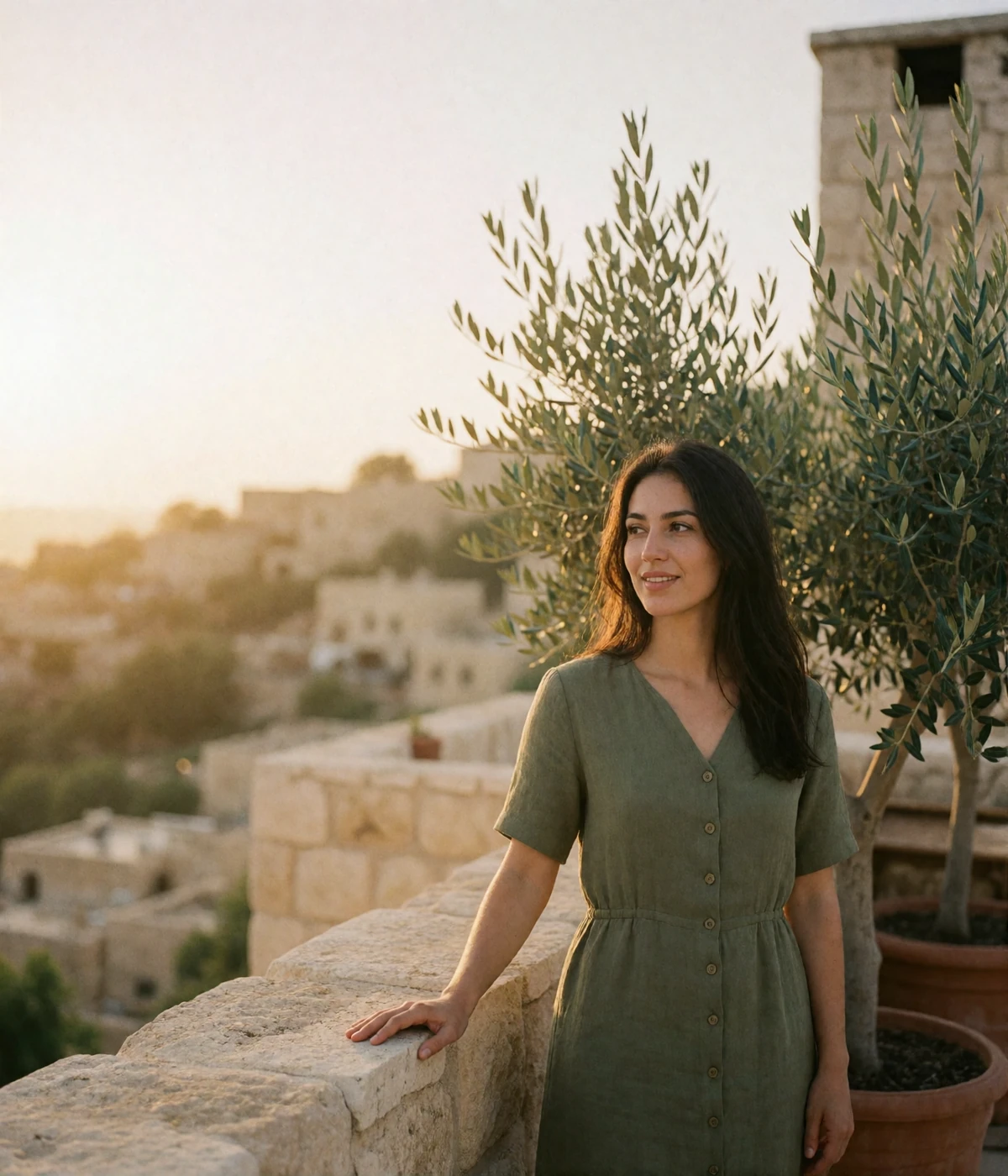 Jordanian woman in an olive linen dress standing on a rooftop terrace among potted olive trees at golden hour