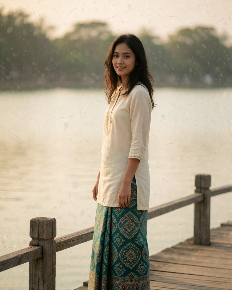 Burmese woman in an ivory tunic and teal skirt pausing on a wooden lakeside walkway