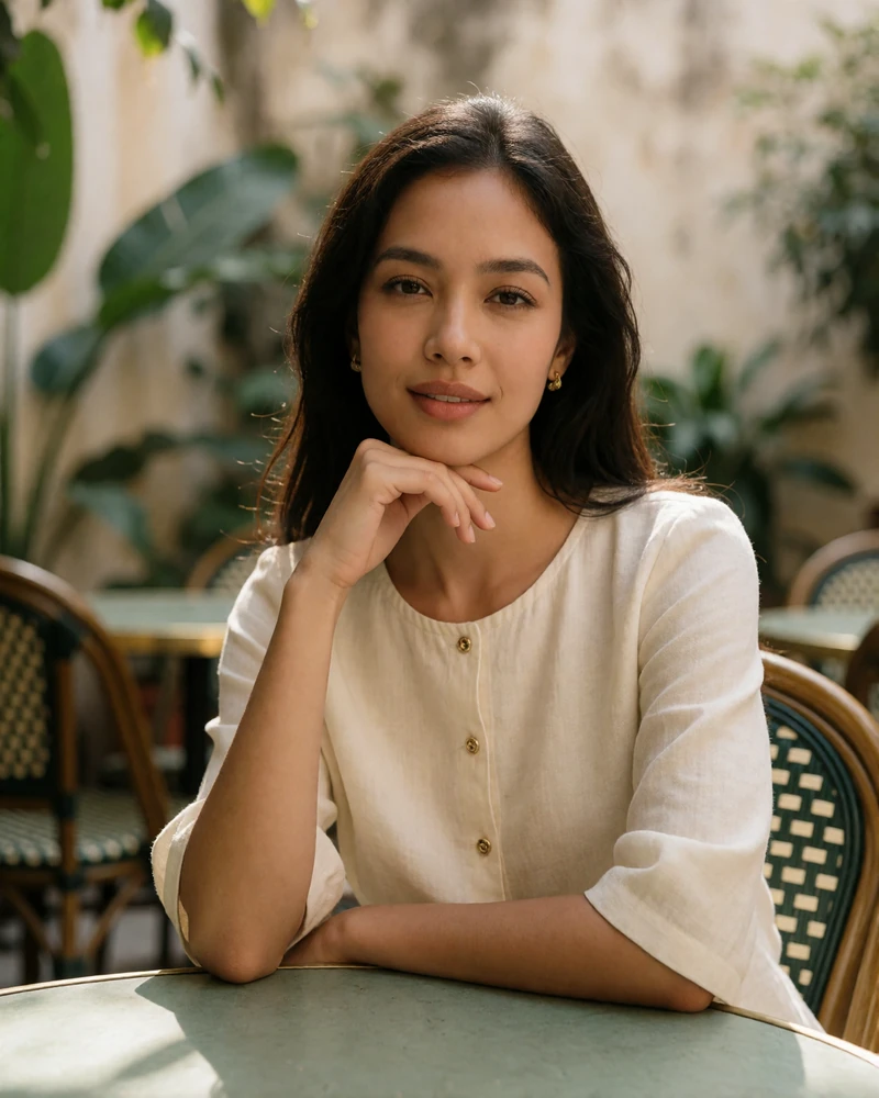 Cambodian woman in an ivory linen top seated at a shaded courtyard cafe table with a soft genuine smile