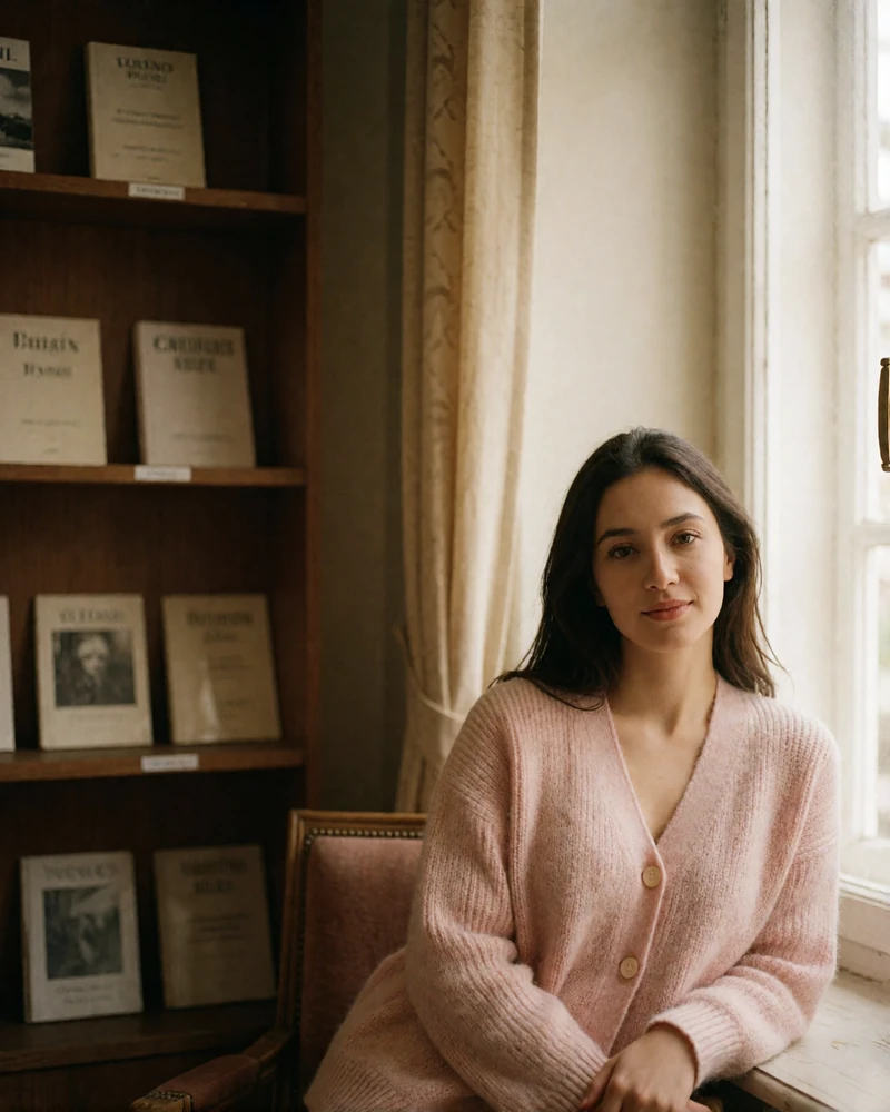 Kyrgyz woman in a pink knit cardigan seated by a window in a quiet reading room