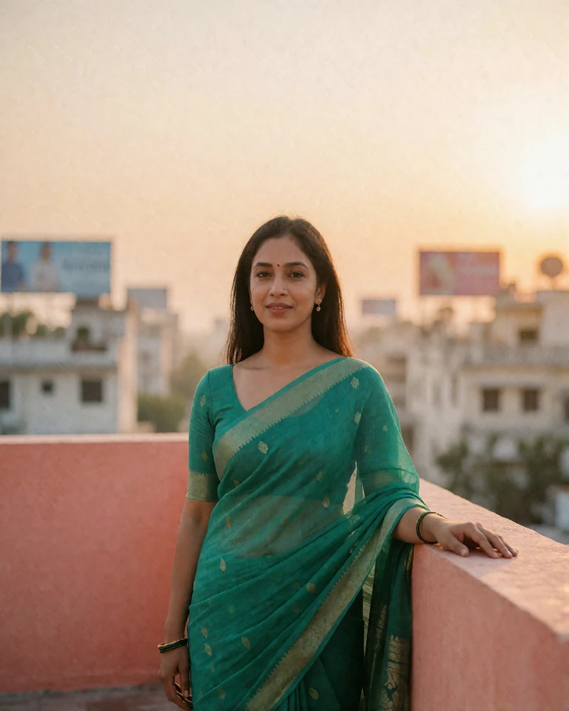 Indian woman in an emerald saree standing on a rooftop terrace at golden hour with a city skyline behind her