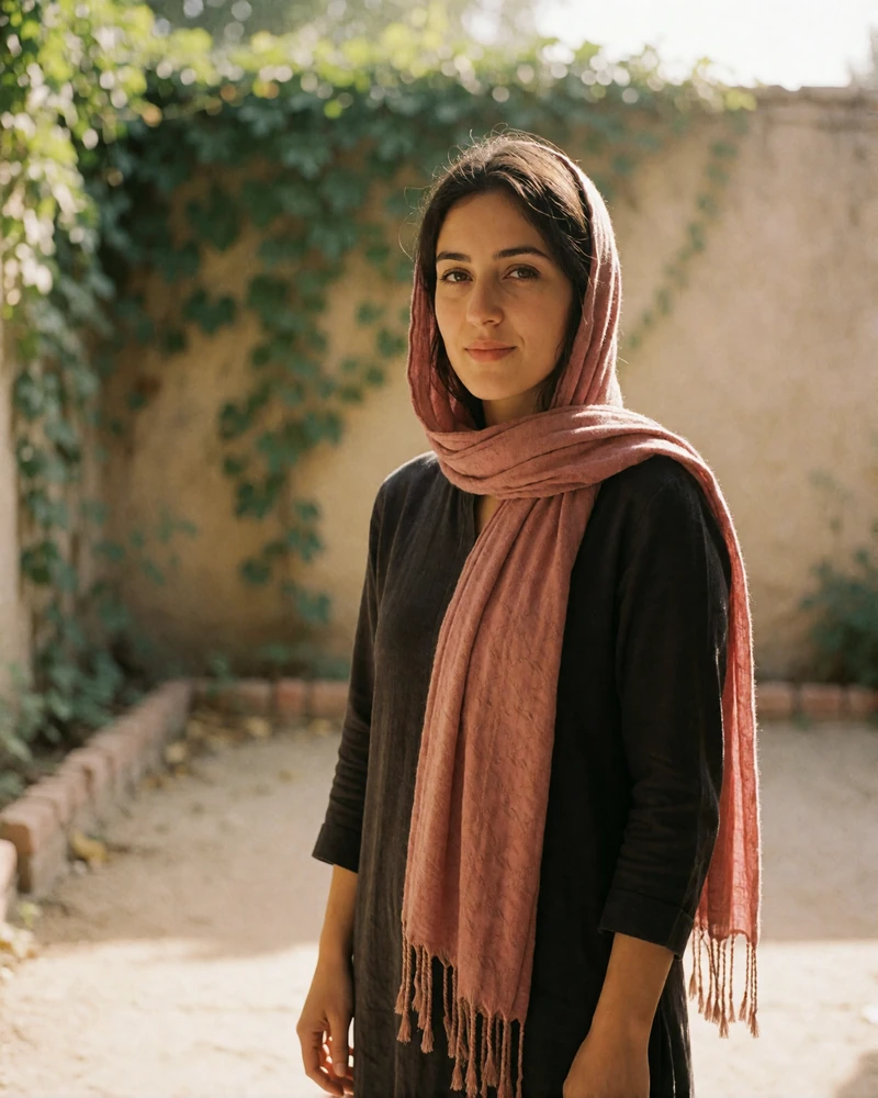 Afghan woman in a soft rose scarf and simple dark tunic standing in a sunlit courtyard beside a vine-covered wall