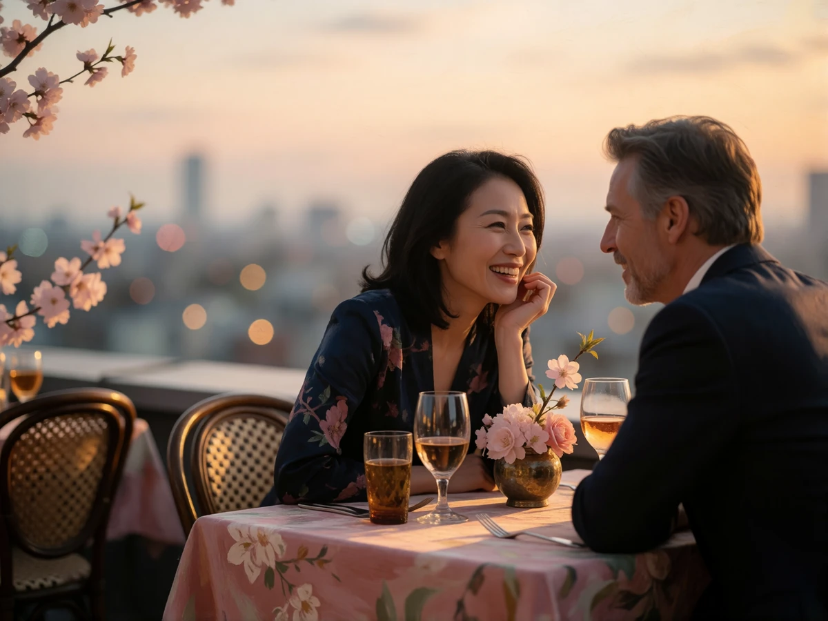 Asian woman laughing softly with her chin resting on her hand across the table from her partner at a rooftop restaurant at golden hour