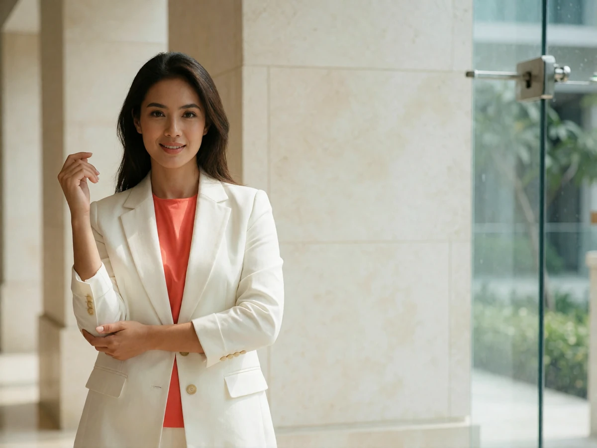 Singaporean woman in an ivory blazer smiling in a bright modern hotel atrium with pale stone columns