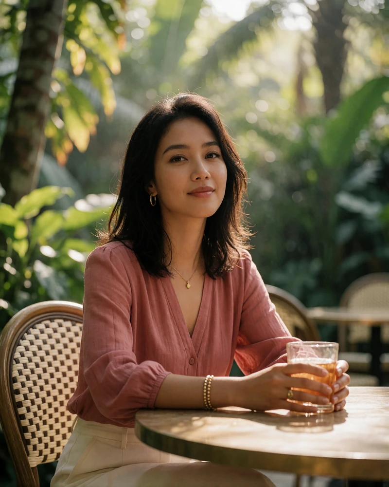 Indonesian woman in a soft rose blouse seated at a garden cafe table with tropical foliage behind her