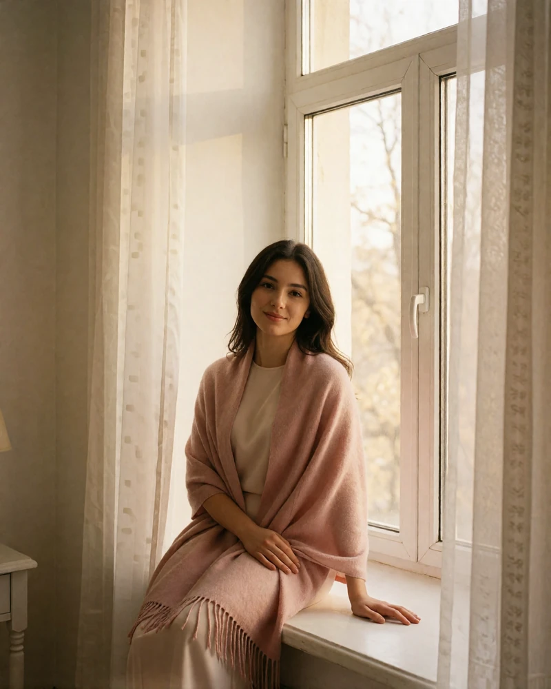 Turkmen woman in a soft rose shawl seated by a tall window in a bright room