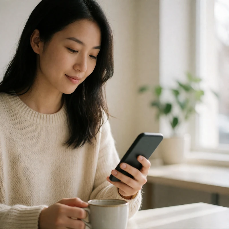 Asian woman in a cream sweater at a cafe table reading a message thoughtfully before replying