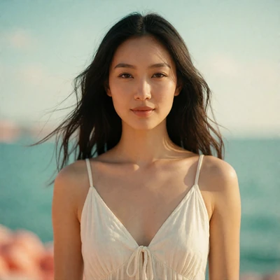 Portrait of an Asian woman in a white sundress smiling by a turquoise coastline