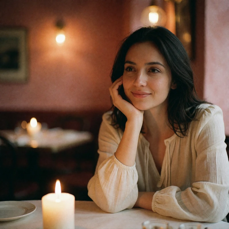 Woman resting her chin on her hand and smiling gently across a candlelit restaurant table
