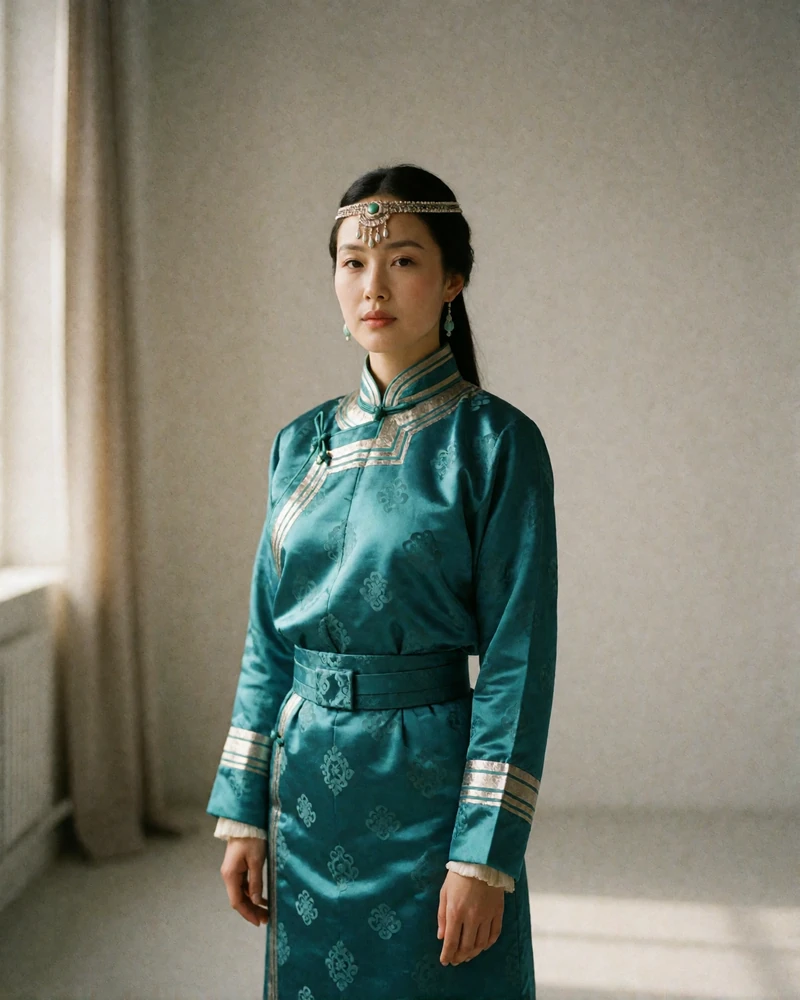 Mongolian woman in a teal silk deel with silver embroidery standing in a bright studio