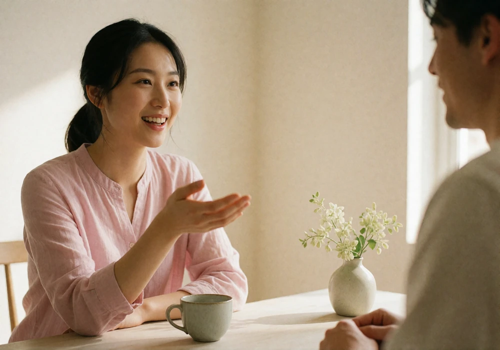 Asian woman speaking and gesturing warmly across a pale wooden table while practicing conversation with her partner in a bright apartment