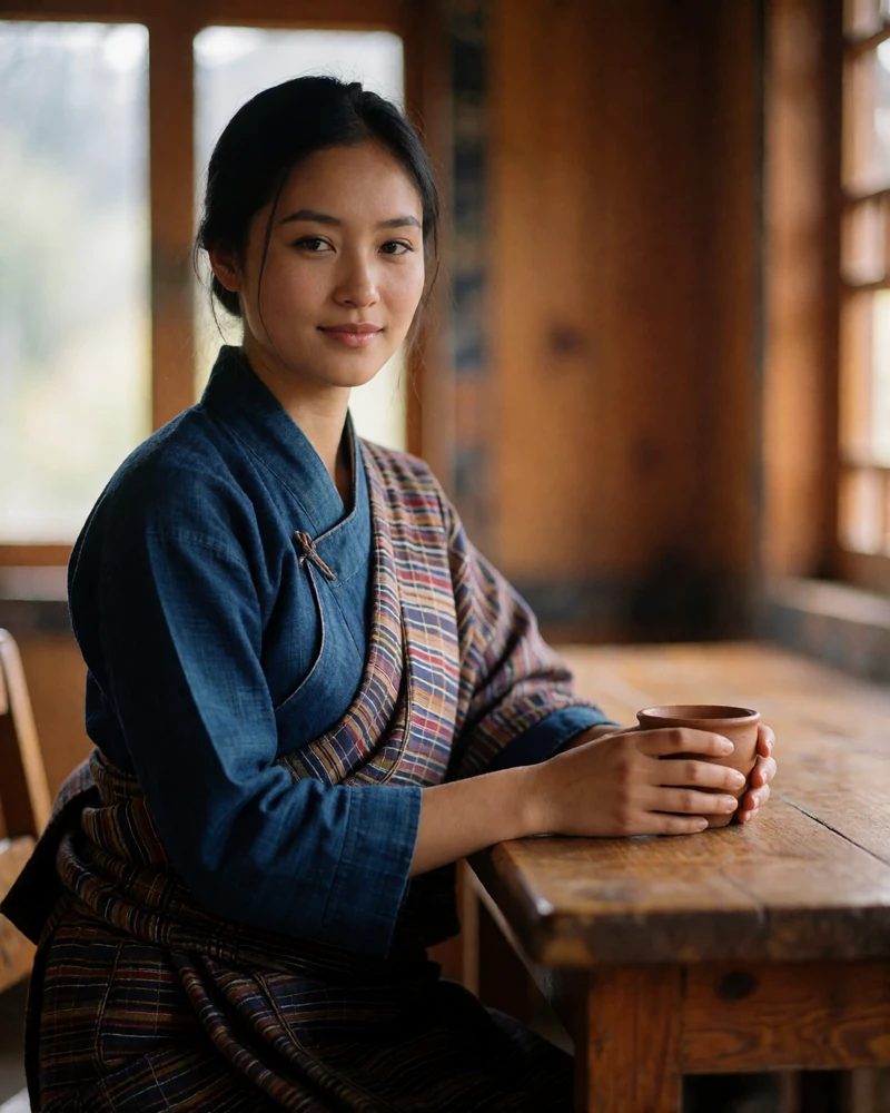 Bhutanese woman in an indigo kira seated at a wooden teahouse table holding a small clay cup