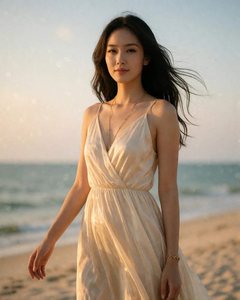 Thai woman in a sand-colored dress standing on a seaside terrace at golden hour