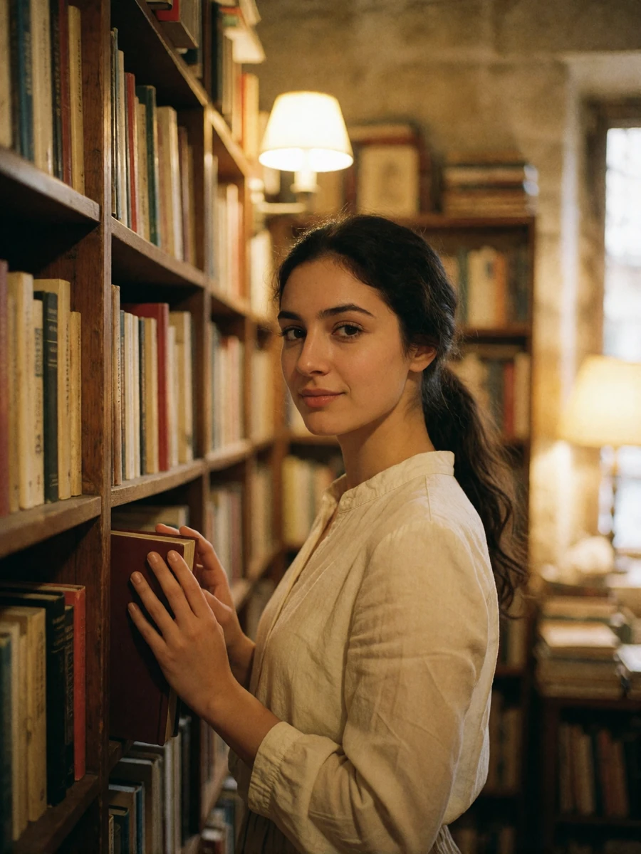 Jordanian woman in a cream blouse smiling among wooden shelves in a quiet bookshop