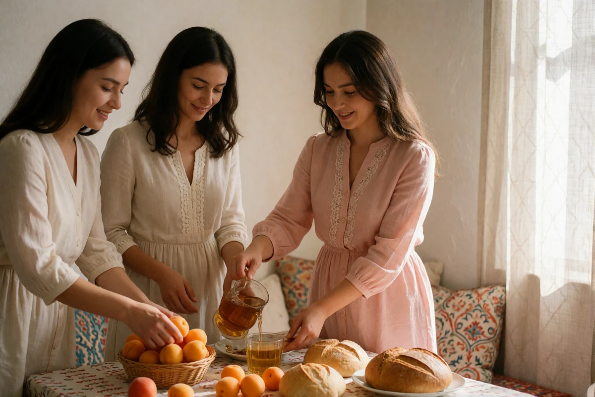 Three generations of Tajik women preparing a table of fresh fruit and tea together in a bright home interior