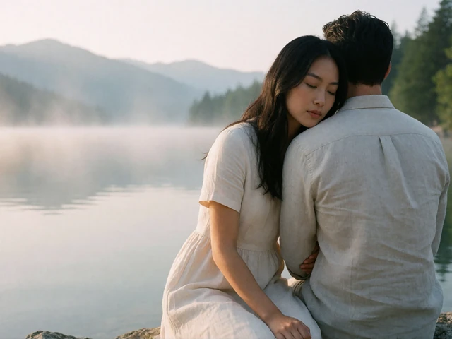 Asian woman in a linen dress resting her head on her partner's shoulder at a calm misty lakeside