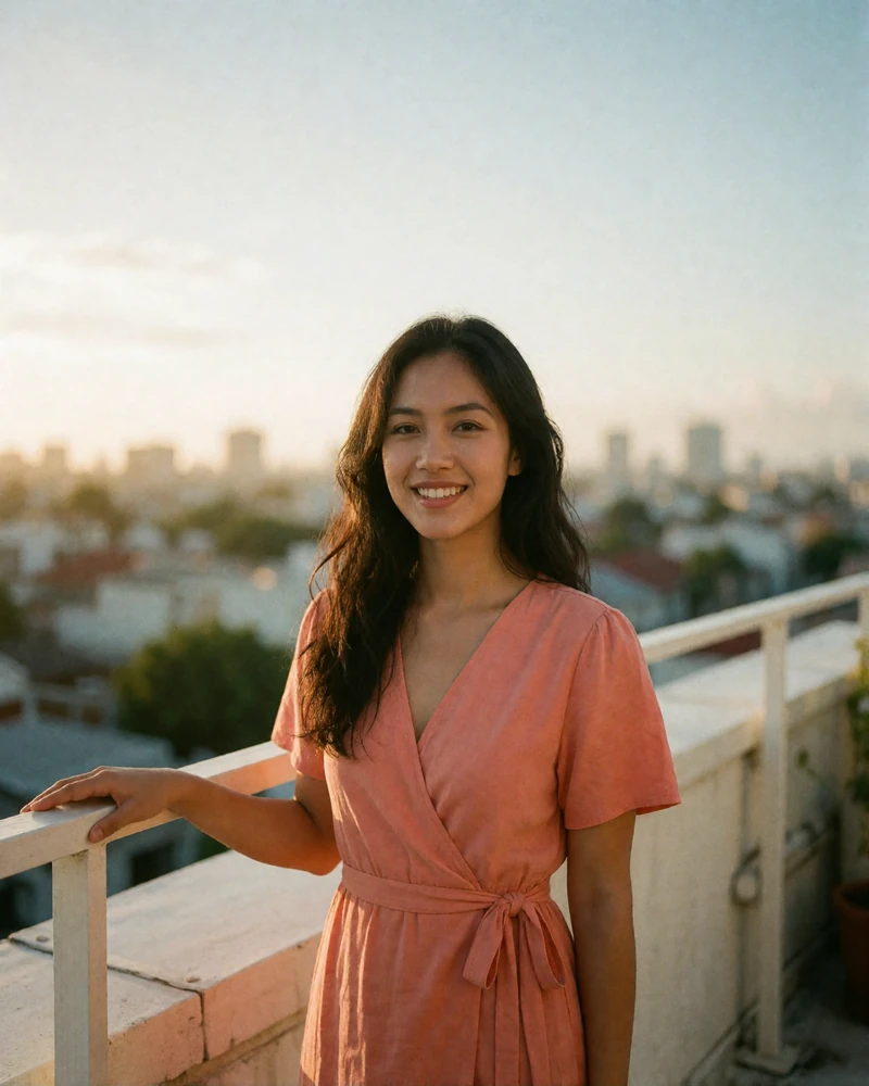 Filipina woman in a coral wrap dress smiling on a rooftop lounge at sunset
