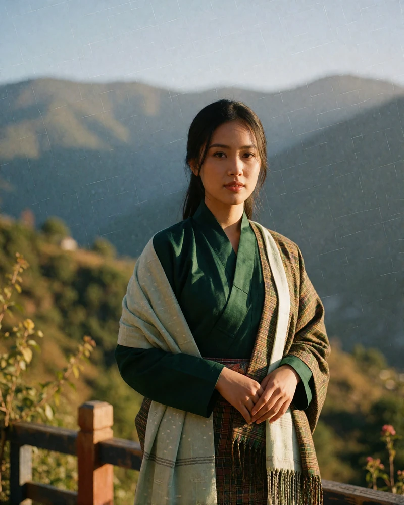 Bhutanese woman in a deep green woven kira standing on a hillside terrace at golden hour