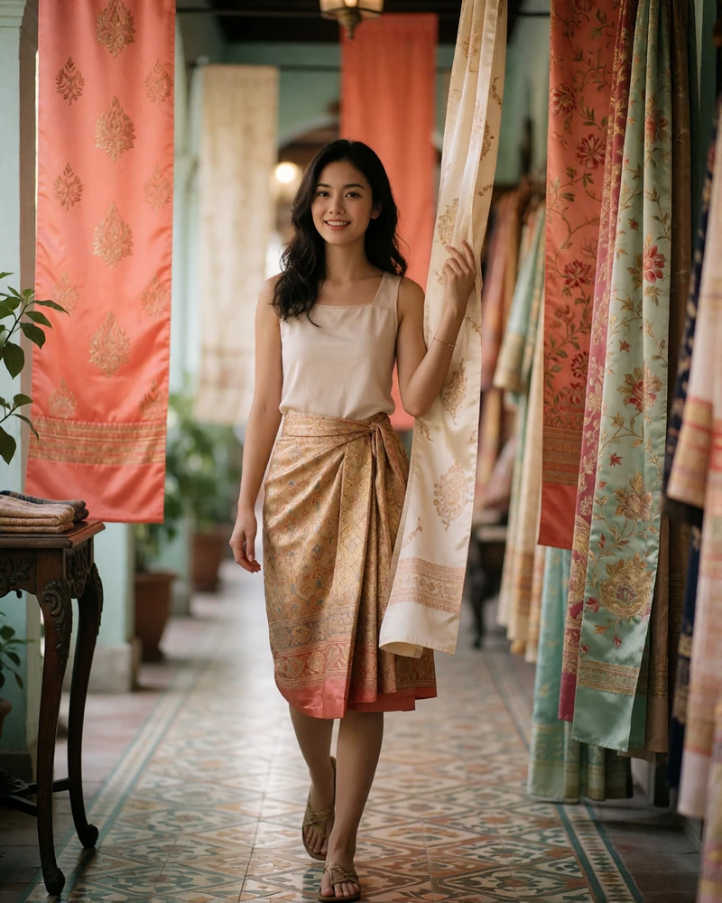 Thai woman walking through a silk boutique arcade, touching a length of pale silk fabric